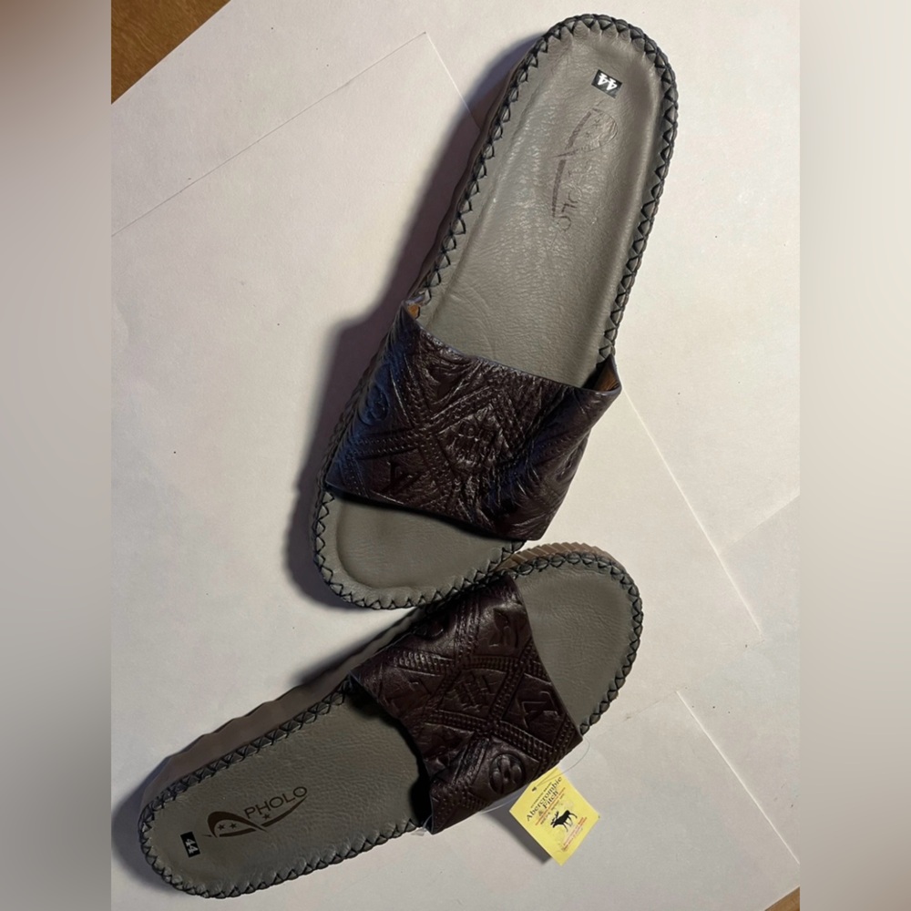 Men's Brown Slide Sandals with Louis Vuitton decoratively.